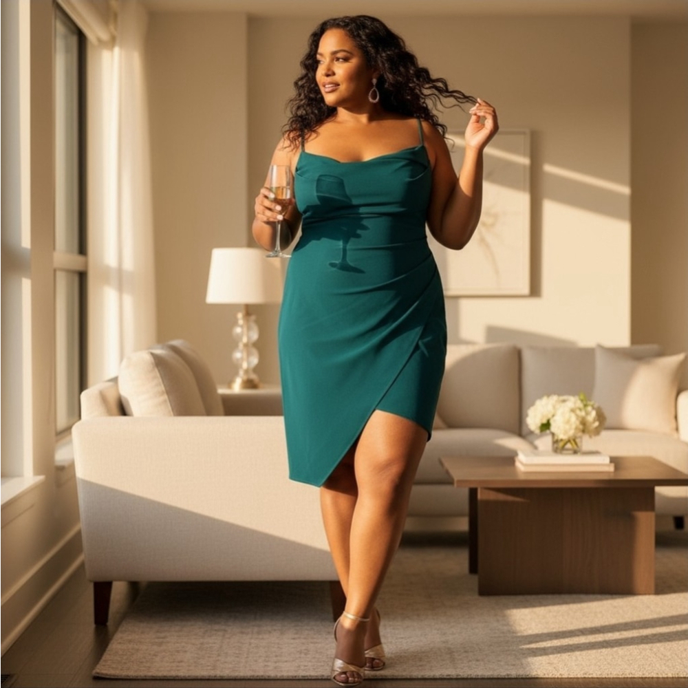 Emerald Sundae WOMEN Hunter Green Cocktail Event Party Asymmetric Dress Size 16